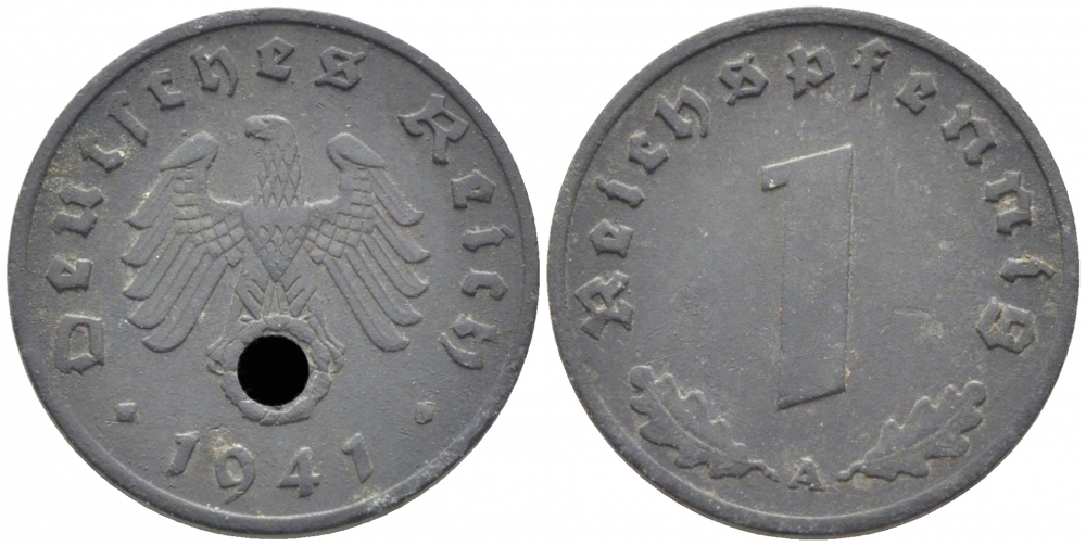 ГЕРМАНИЯ 1 РЕЙХСПФЕННИГ 1941 A KM 97, J. 369 цинк 112-465