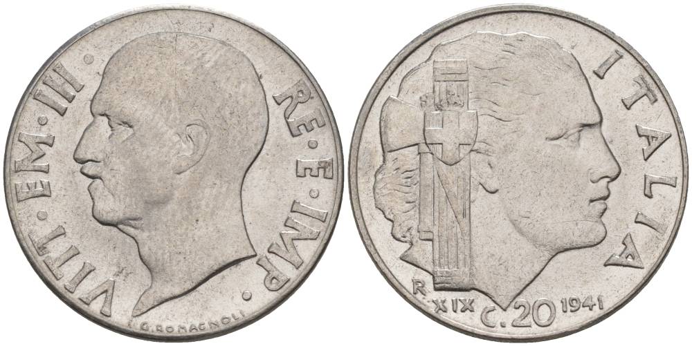 ИТАЛИЯ 20 ЧЕНТЕЗИМО 1941 R, ГОД XIX, ВИКТОР ЭММАНУИЛ III (1900-1946) KM 75b, VEM3. 1028 нержавеющая сталь 3853-547