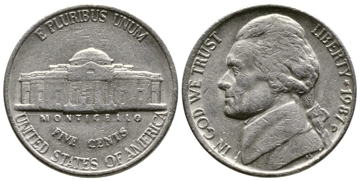 США 5 ЦЕНТОВ 1987 D, ДЖЕФФЕРСОН KM А192 медно-никель 25-2132