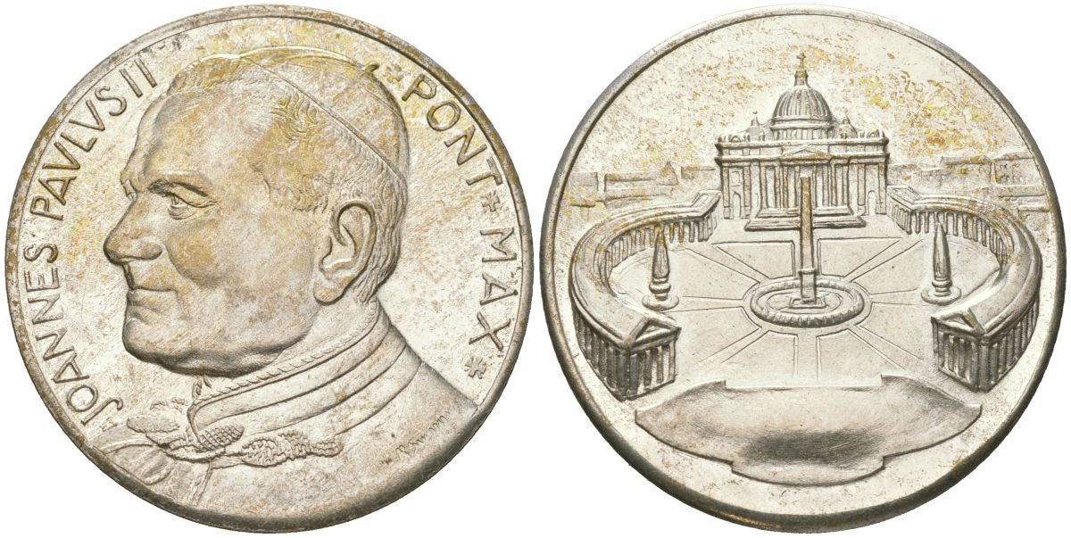 Ватикан медаль ND Иоанн Павел II, собор святого Петра в Риме, диаметр 35,5 мм, вес 14,64 гр белый металл aUNC 111-122