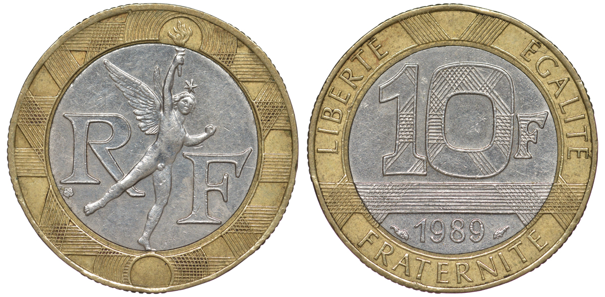 Франция 10 франков 1989 тип гений Бастилии KM 964.1, Le Franc 375.3 биметалл  45-625