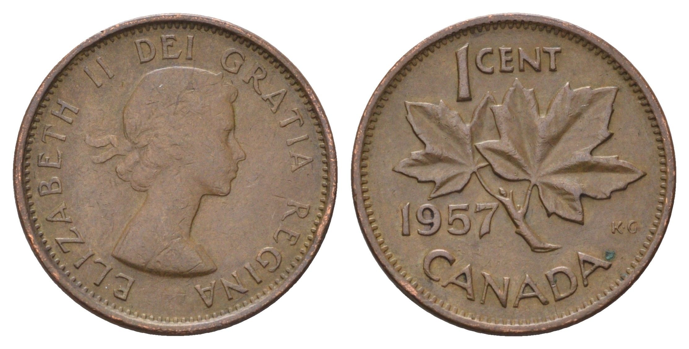Канада 1 цент 1957 Елизавета II (1952-2022), кленовый лист KM 49 бронза 4689-322