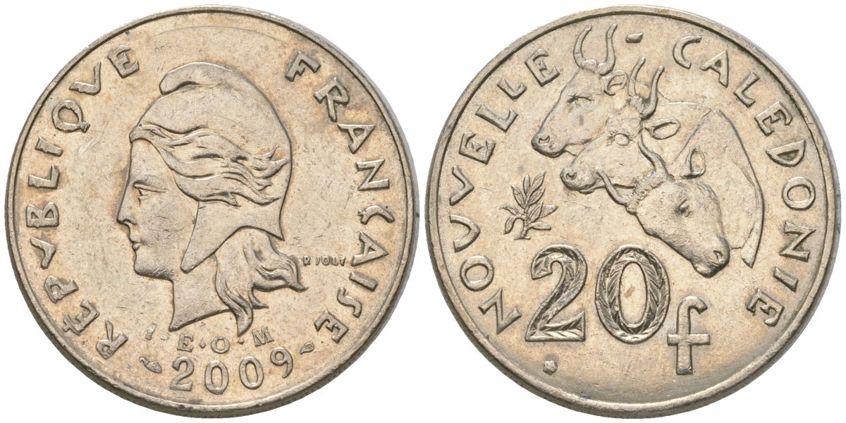 Французская Новая Каледония 20 франков 2009 три быка, (IEOM) KM 12a, Schoen 14a медно-никель 4131-1242