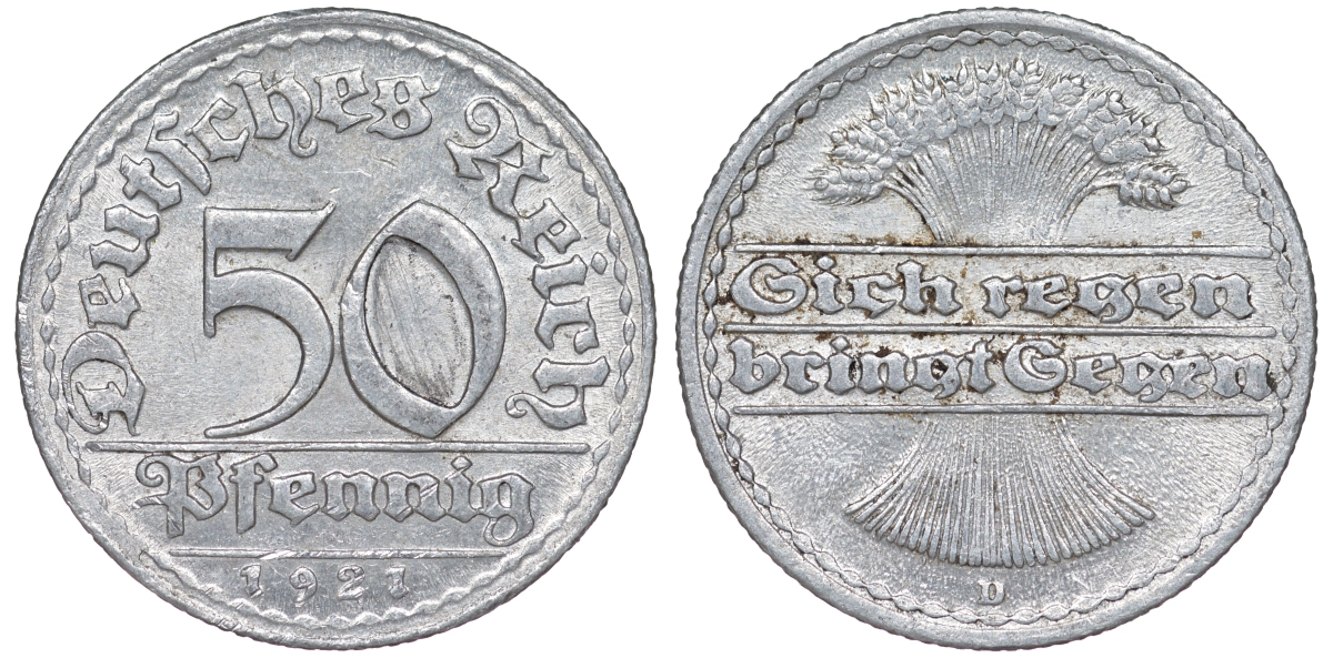 Германия 50 пфеннигов 1921 D KM 27, J. 301 алюминий 4114-835