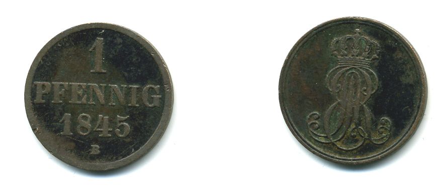 Ганновер 1 пфенниг 1845 B, Эрнст Август (1837-1851) KM 201.1, AKS 129, J. 74 медь 35-761