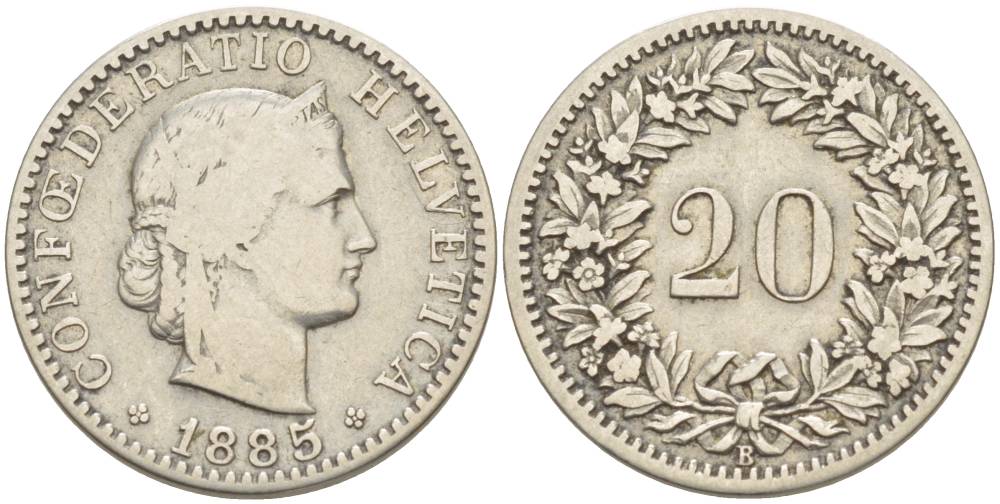 ШВЕЙЦАРИЯ 20 РАППЕНОВ 1885 В KM 29 никель 4514-531