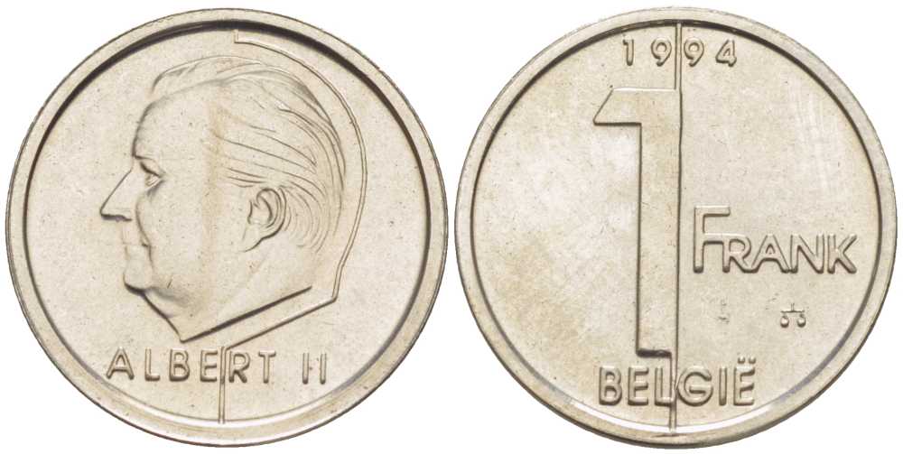 БЕЛЬГИЯ 1 ФРАНК 1994 BELGIE, АЛЬБЕРТ II (1993-) KM 188 железо плакированное никелем 3851-1152