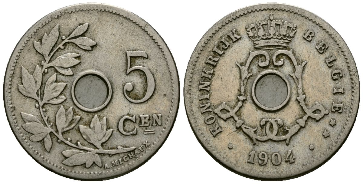 Бельгия 5 сантимов 1904 Belgie KM 55 медно-никель 4173-122