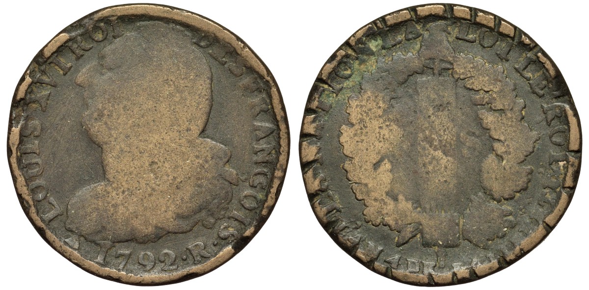 ФРАНЦИЯ 2 СОЛЯ 1792 R, ЛЮДОВИК XVI KM 603.14 бронза 1525-123