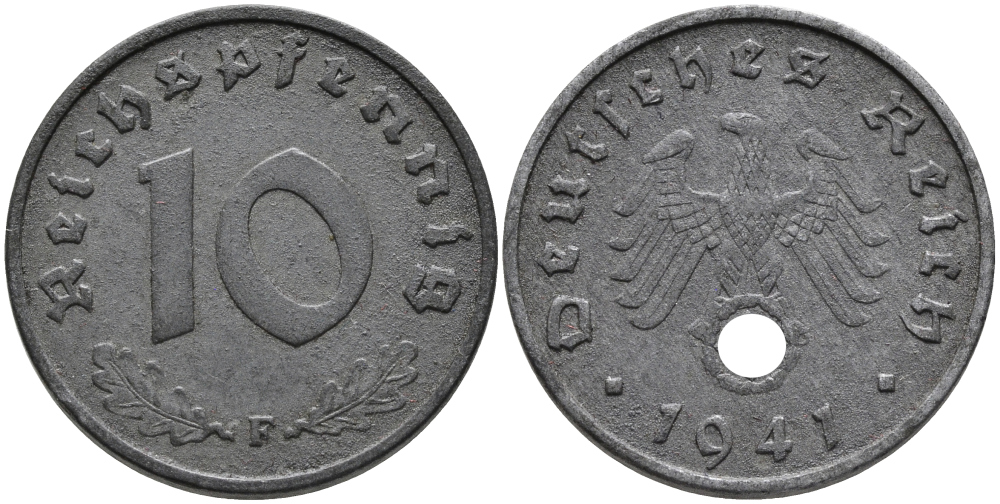 ГЕРМАНИЯ 10 РЕЙХСПФЕННИГОВ 1941 F KM 101, J.371 цинк 95-755