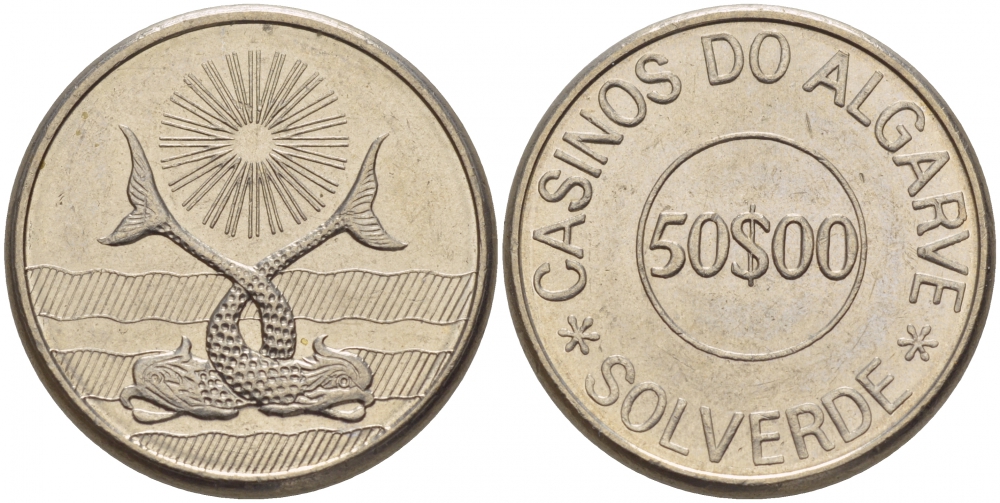 ПОРТУГАЛИЯ ЖЕТОН ИГРОВОЙ ND CASINOS DO ALGARDE, SOLKVERDE, 50 ЭСКУДО белый металл 4183-634