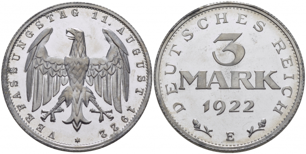 Германия 3 марки 1922 E, третья годовщина Веймарской конституции KM 29, J. 303 алюминий PROOF 00-814-32