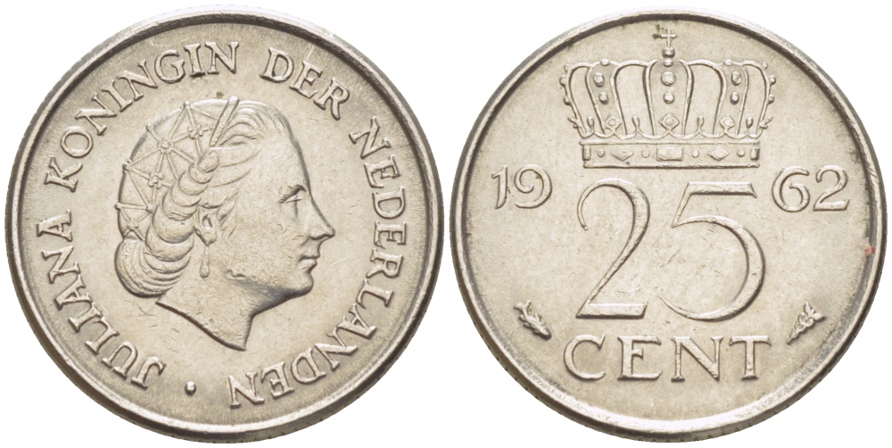 НИДЕРЛАНДЫ 25 ЦЕНТОВ 1962 ЮЛИАНА KM 183 никель 3309-637