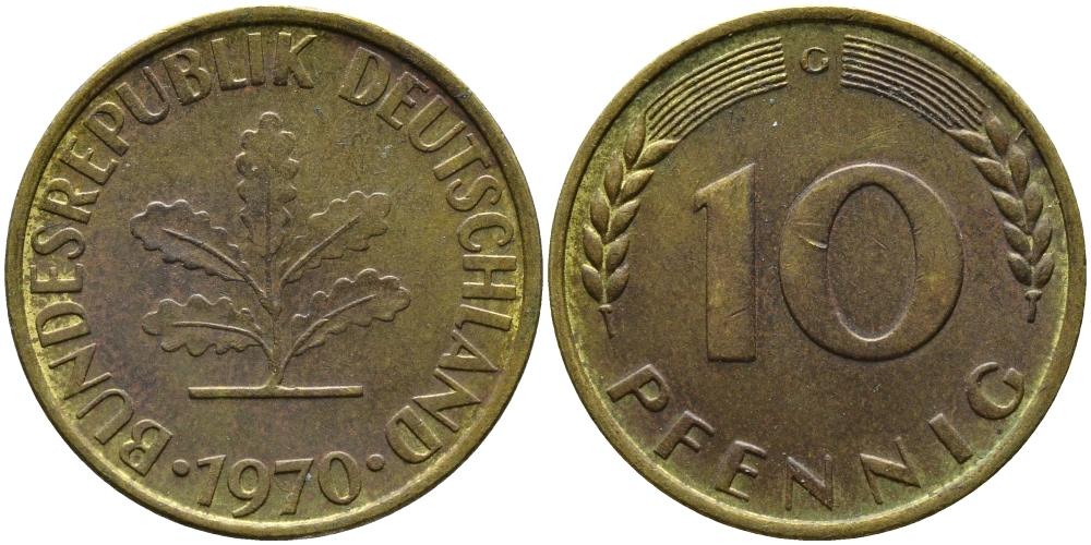 ФРГ 10 ПФЕННИГОВ 1970 G KM 108, J. 383 сталь плакированная латунью 98-435