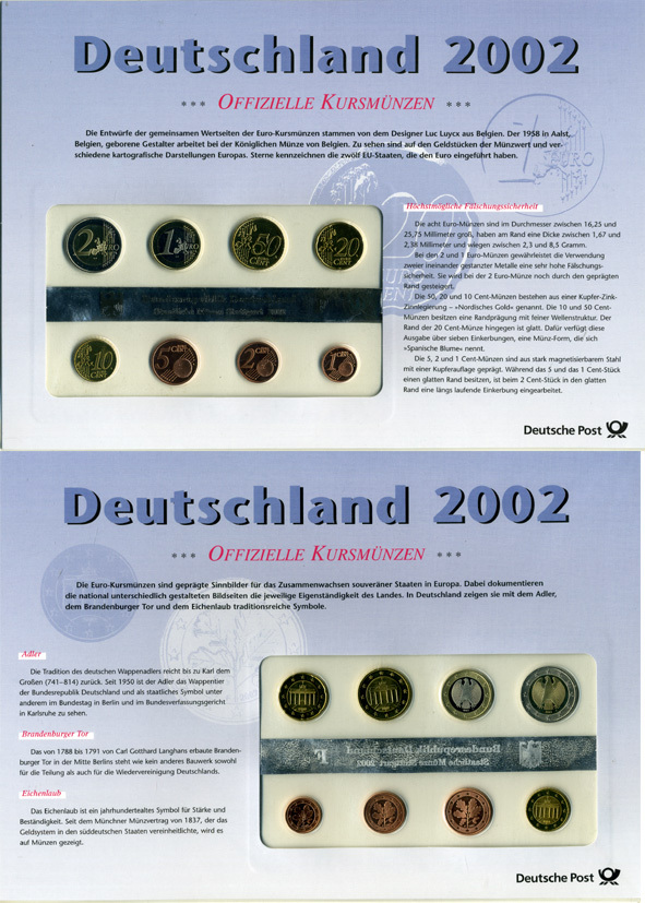 ГЕРМАНИЯ ЕВРОНАБОР ИЗ 8 МОНЕТ 2002 1, 2, 5, 10, 20, 50 ЕВРОЦЕНТОВ, 1, 2 ЕВРО, F, В ОРИГИНАЛЬНОМ БУКЛЕТЕ, ПЛЮС КОМПЛЕКТ МАРОК PROOF 06-081-25