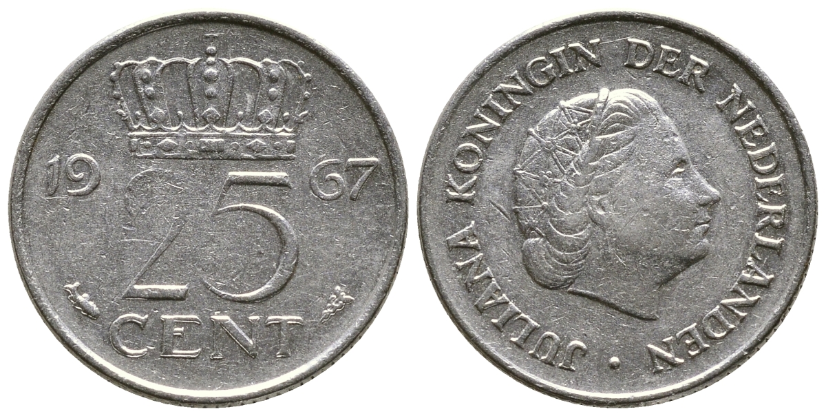 НИДЕРЛАНДЫ 25 ЦЕНТОВ 1967 ЮЛИАНА KM 183 никель 4383-1117