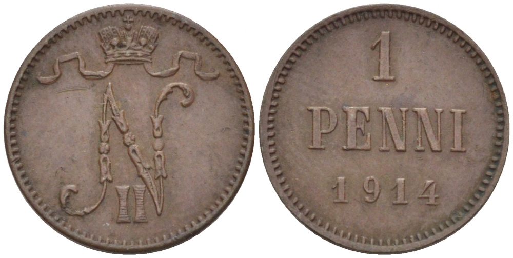 Россия для Финляндии 1 пенни 1914 Николай II (1894-1917) KM 13, Биткин 474 медь 4396-1418