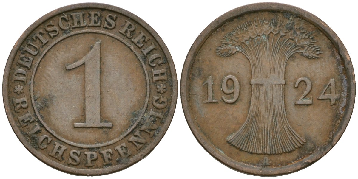 Германия 1 рейхспфенниг 1924 A KM 37, J. 313 бронза 4189-1046