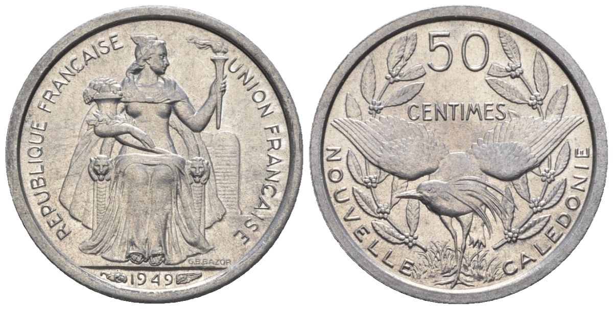 Французская Новая Каледония 50 сантим 1949 птица кагу, заморские территории KM 1 алюминий  aUNC  4609-936