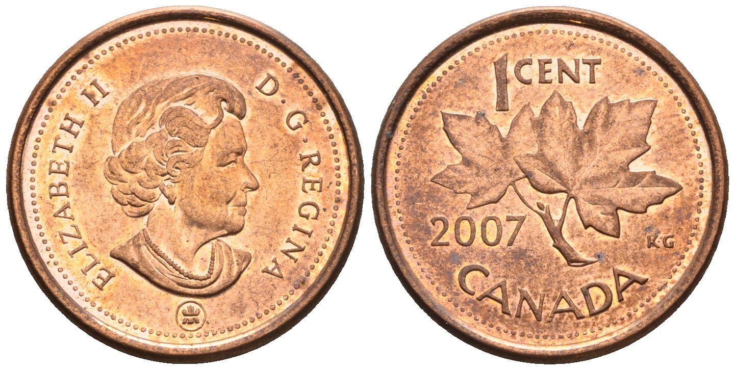 Канада 1 цент 2007 ML, Елизавета II (1952-2022), кленовый лист KM 490а сталь плакированная медью 4609-416