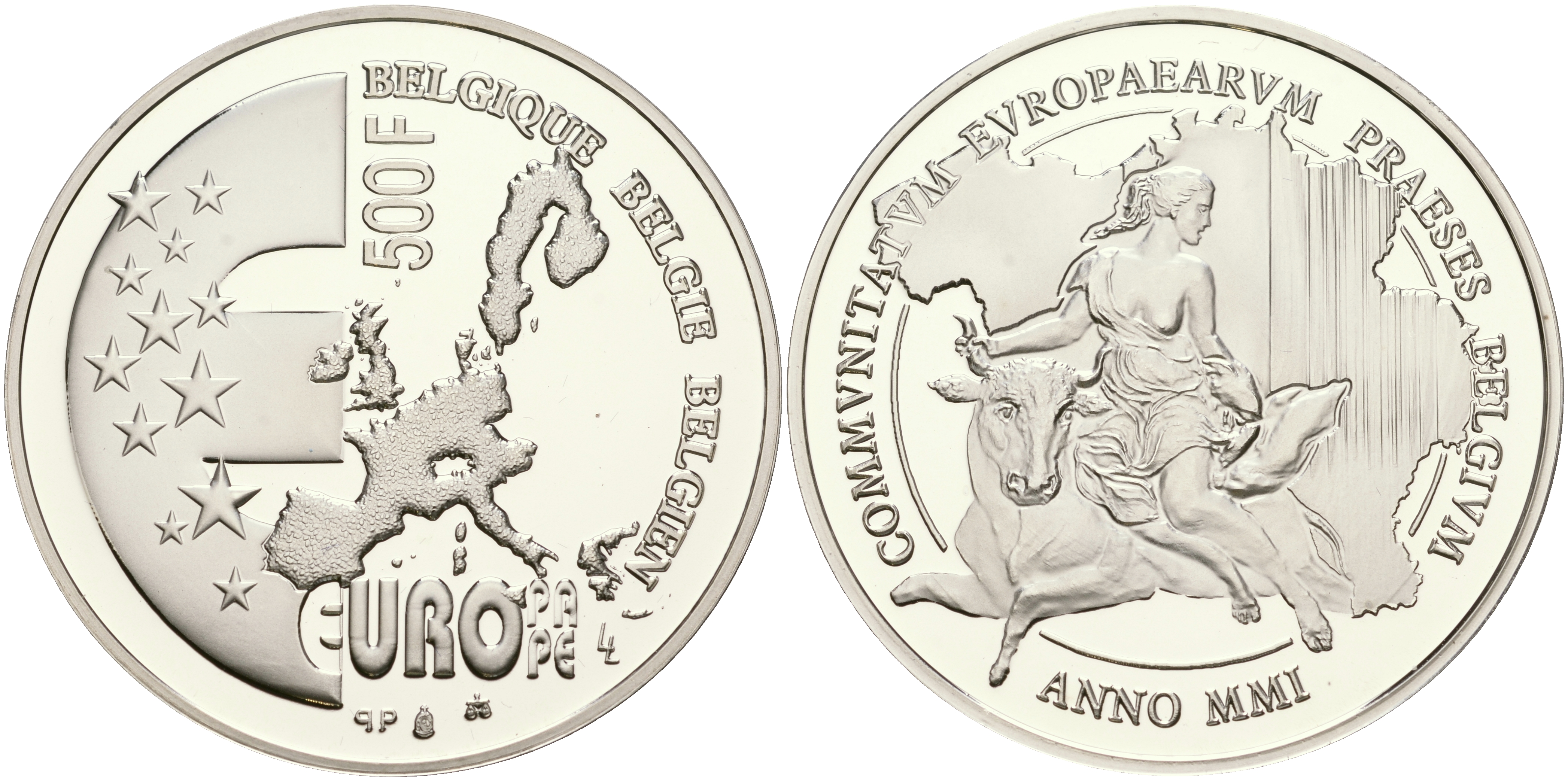 Бельгия 500 франков 2001 похищение Европы KM 222 серебро PROOF 06-256-11