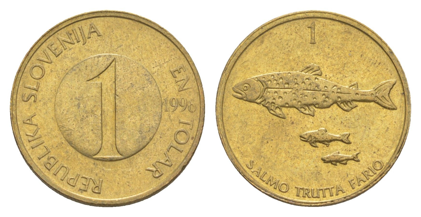 Словения 1 толар 1996 рыбы KM 4 латунь 3996-1224