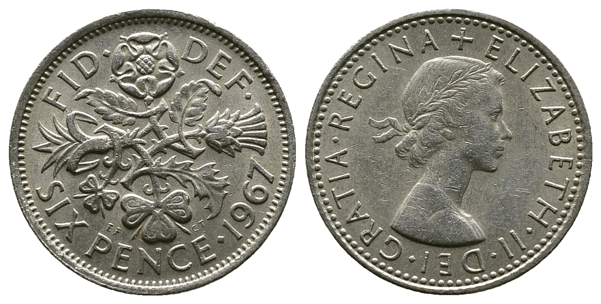 Великобритания 6 пенсов 1967 Елизавета II (1952-2022) KM 903, Spink 4149 медно-никель 4381-868