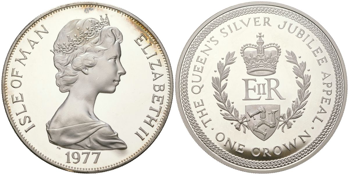 Остров Мэн 1 крона 1977 25 лет правления Королевы Елизаветы II, монограмма ERII KM 42a серебро PROOF 1530-1245