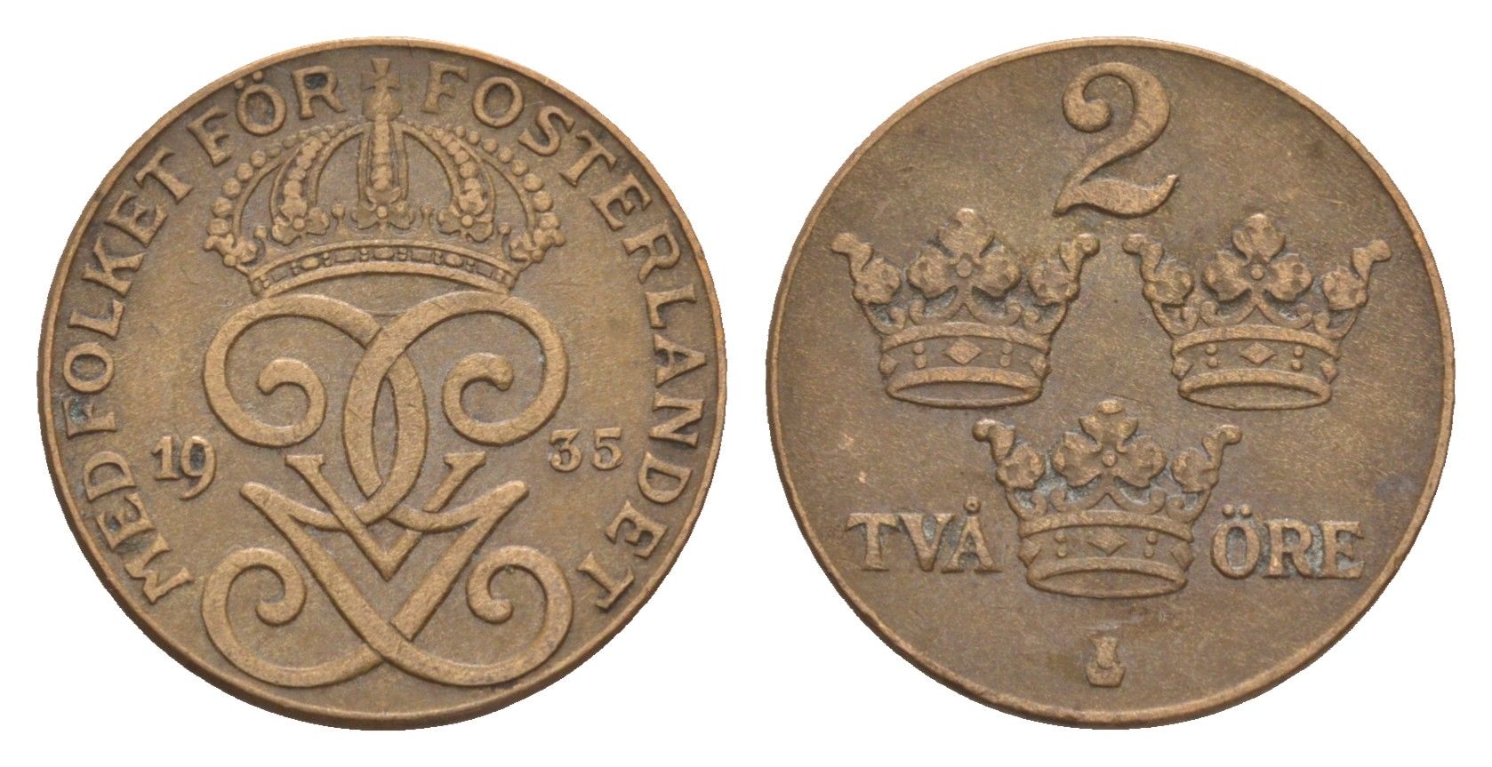Швеция 2 эре 1935 Густав V (1907-1950) KM 778 бронза 4655-834