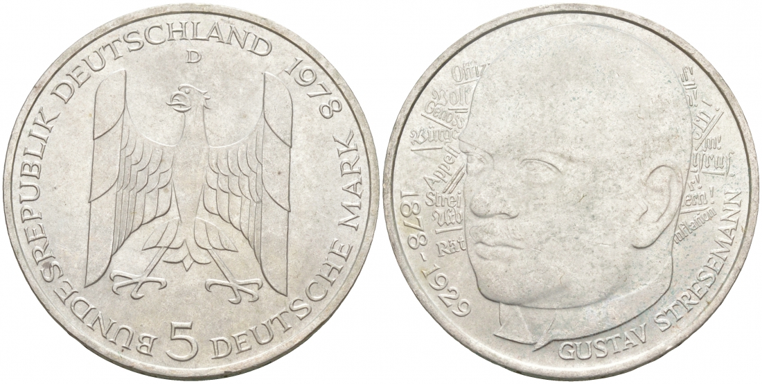 ФРГ 5 марок 1978 D, 200 лет со дня рождения Густава Штреземана J. 422, KM 147 серебро 3855-631