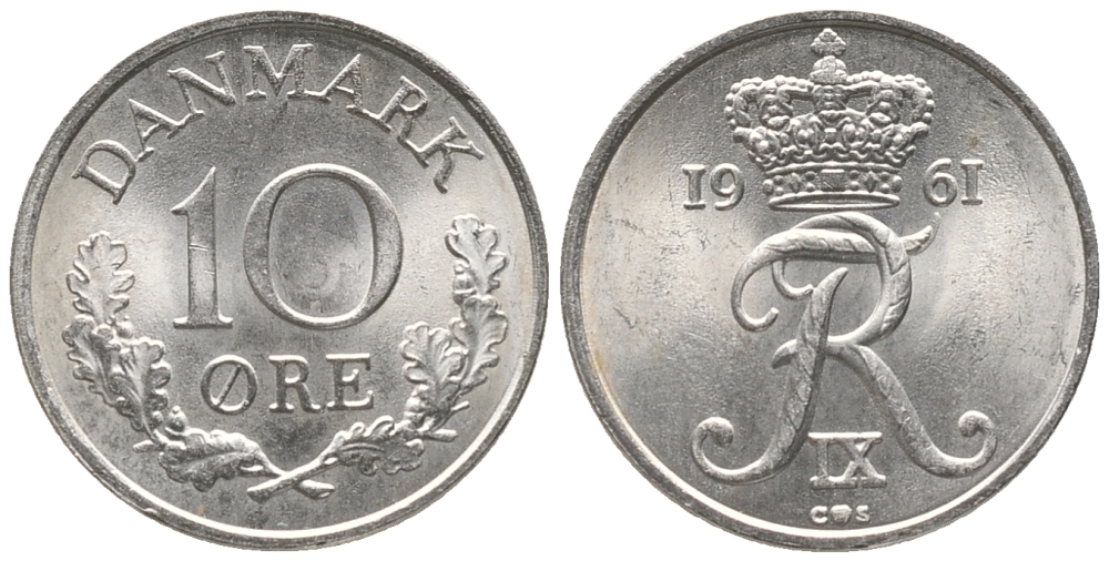 ДАНИЯ 10 ЭРЕ 1961 C; S, ФРЕДЕРИК IX (1947-1972) KM 849.1 медно-никель аUNC 100-1141