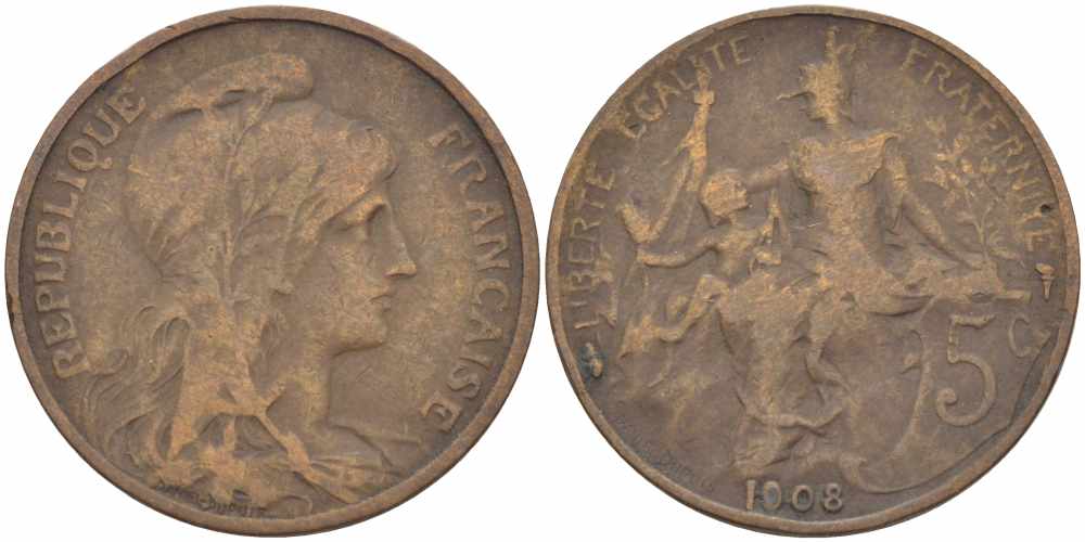 ФРАНЦИЯ 5 САНТИМОВ 1908 ТИП ДАНИЭЛЬ ДЮПЮИ KM 842, LE FRANC 119.19 бронза 108-914