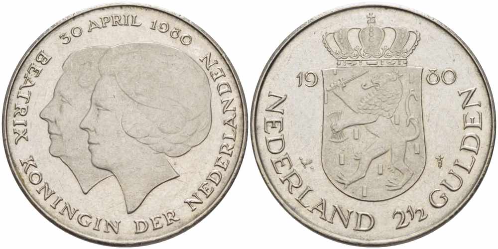 Нидерланды 2 1/2 гульдена 1980 коронация Беатрикс, 30 апреля 1980 KM 201 никель 38-836