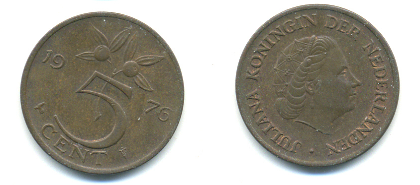 Нидерланды 5 центов 1976 Юлиана (1949-1980) KM 181 бронза 83-855