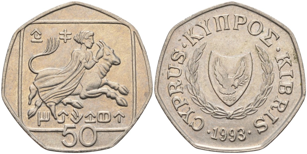 Кипр 50 центов 1993 похищение Европы KM 66 медно-никель 4141-1227