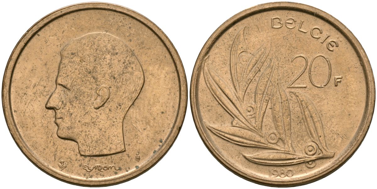 Бельгия 20 франков 1980 Belgie KM 160 никель бронза 4120-1124