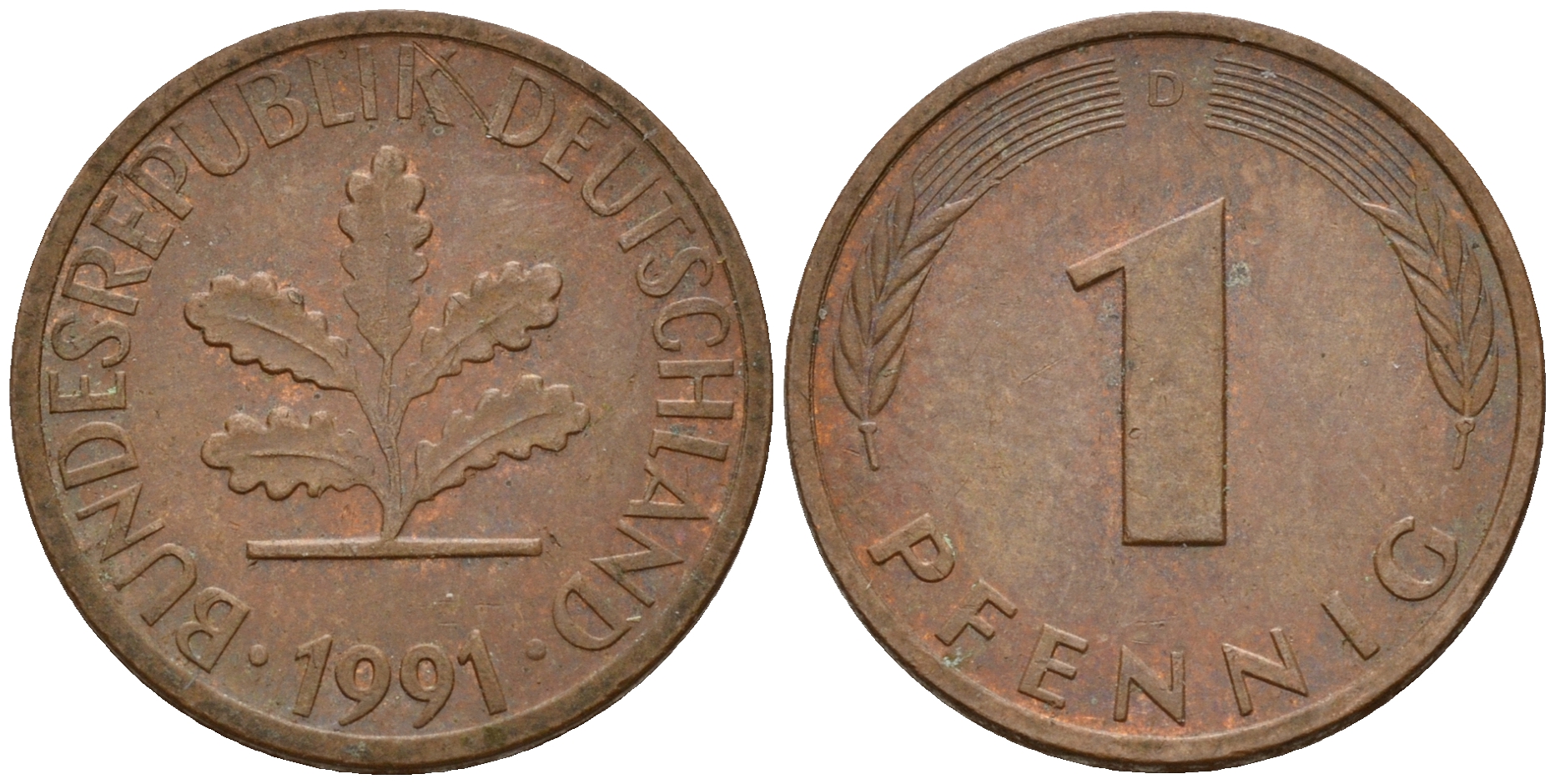 ФРГ 1 пфенниг 1991 D KM 105, J. 380 сталь плакированная медью    4598-664