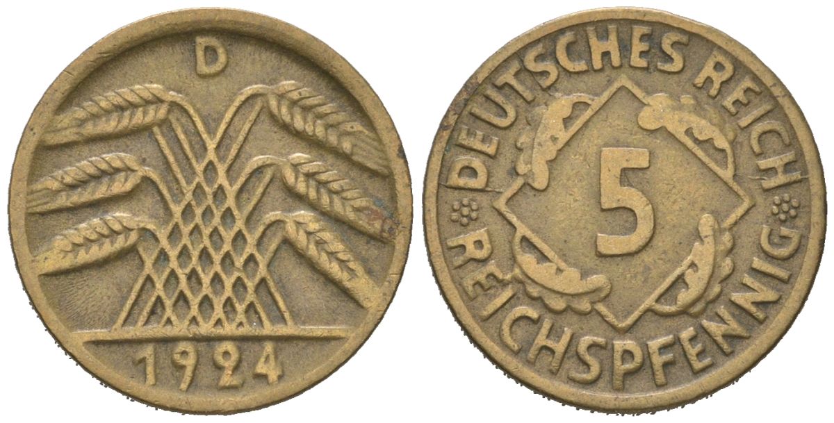 Германия 5 рейхспфеннигов 1924 D KM 39, J. 316 алюминиевая бронза 3955-1259