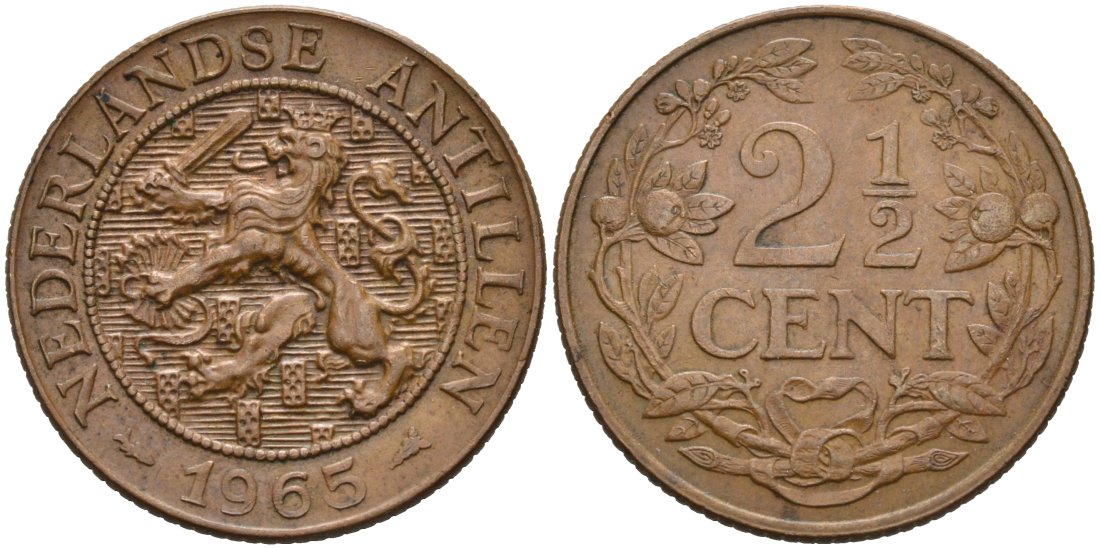 Нидерландские Антилы 2 1/2 цента 1965 Юлиана (1948-1980) KM 5 бронза 92-1157