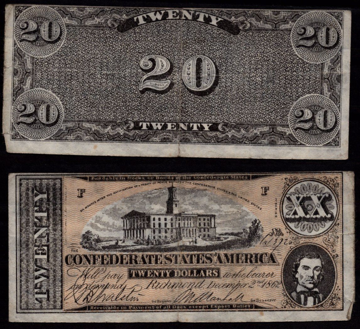 Конфедеративные Штаты Америки 20 долларов 1864 копия банкноты. Штат Теннесси; Александр Гамильтон Стивенс бумага 6289-13-4-2