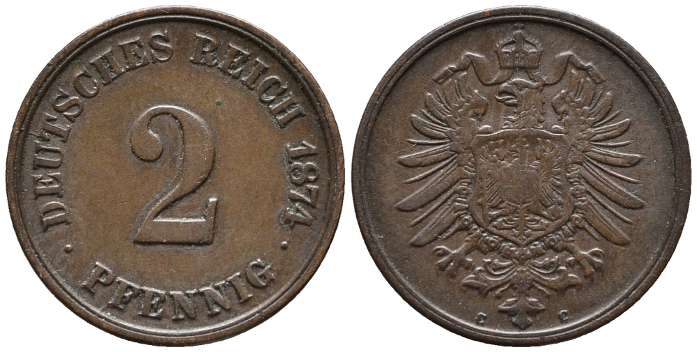 ГЕРМАНИЯ 2 ПФЕННИГА 1874 С, СТАРОГЕРБОВКА KM 2, J.2 медь 34-913