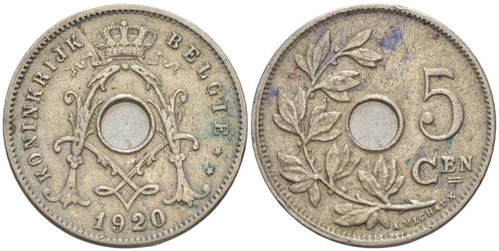 БЕЛЬГИЯ 5 САНТИМОВ 1920 BELGIE KM 67 медно-никель 4551-913