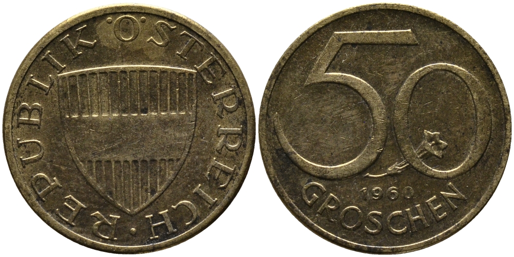 Австрия 50 грошей 1960 KM 2885 алюминиевая бронза 33-356