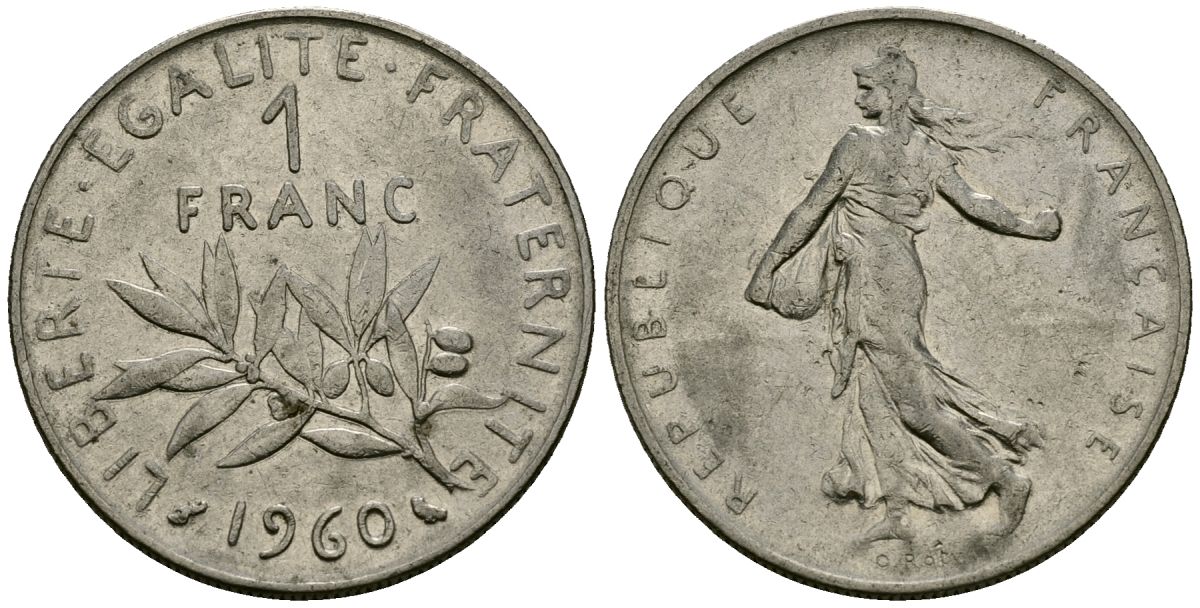 Франция 1 франк 1960 сеятель KM 925 никель 4135-757