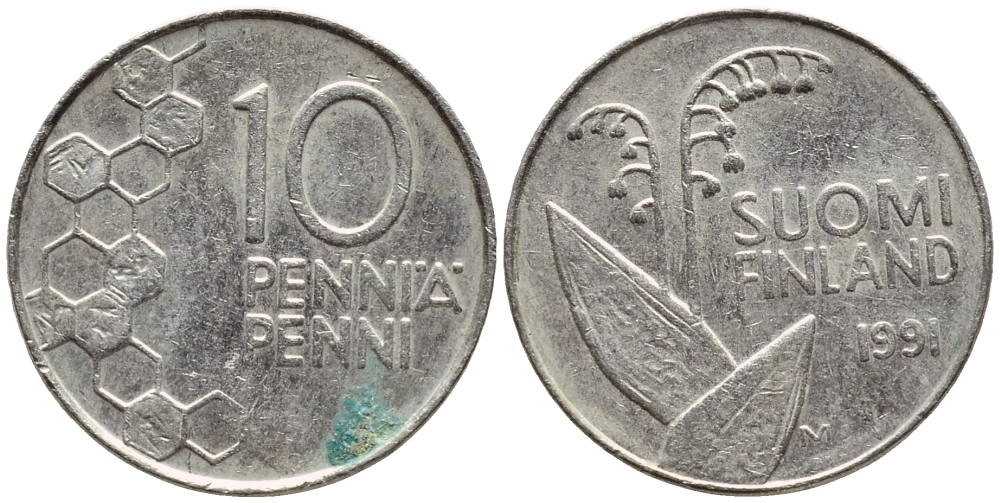ФИНЛЯНДИЯ 10 ПЕННИ 1991 ЛАНДЫШ KM 65 медно-никель 4383-468