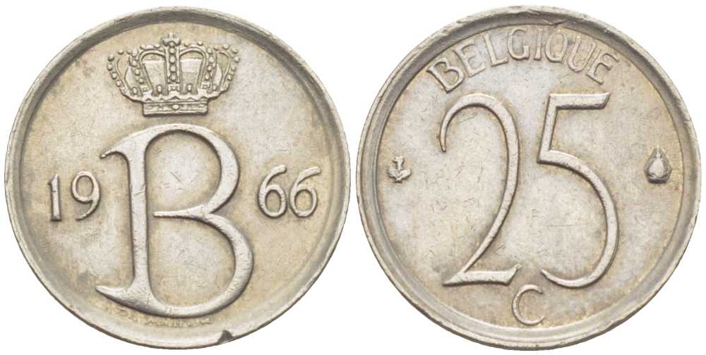 БЕЛЬГИЯ 25 САНТИМОВ 1966 BELGIQUE, БОДУЭН I (1951-1993) KM 153.1 медно-никель 214-428
