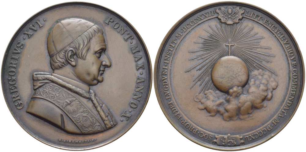 ВАТИКАН МЕДАЛЬ 1840 ПАПА РИМСКИЙ ГРИГОРИЙ XVI (1831-1846) ДЛЯ ЛИОНСКОГО (ФРАНЦИЯ) ОБЩЕСТВА РАСПРОСТРАНЕНИЯ ВЕРЫ, ОТКРЫТОГО В 1822 ГОДУ ПАПОЙ ПИЕМ VII, МЕДАЛЬЕР ДЖУЗЕППЕ GIROMETTI, ДИАМЕТР 51 ММ., ВЕС 63,55 ГР. Lincoln-2196 бронза 1084-1-42