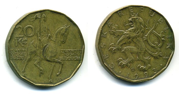 Чехия 20 крон 1993 чешский лев, герцог Вацлав на коне KM 5 сталь плакированная латунью 59-1721