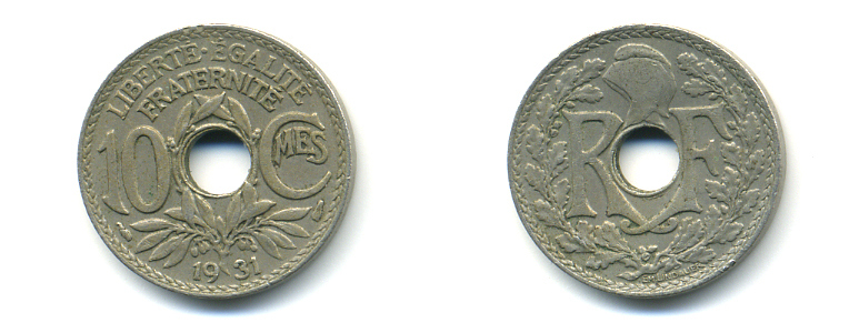 ФРАНЦИЯ 10 САНТИМОВ 1931 ТИП ЛИНДАЙЁ KM 866а, LE FRANC 138.18 медно-никель 3999-1351