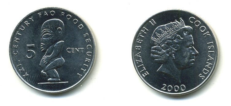 ОСТРОВА КУКА 5 ЦЕНТОВ 2000 ИДОЛ, FAO KM 369 медно-никель 59-446